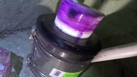 PVC pipe stub coated in purple primer, seated in a banded coupling